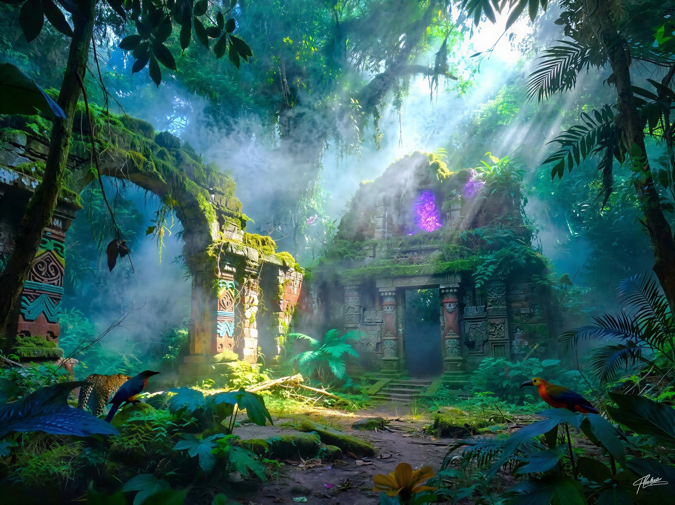 Digital Painting of Ancient Jungle Ruins with Light Effects