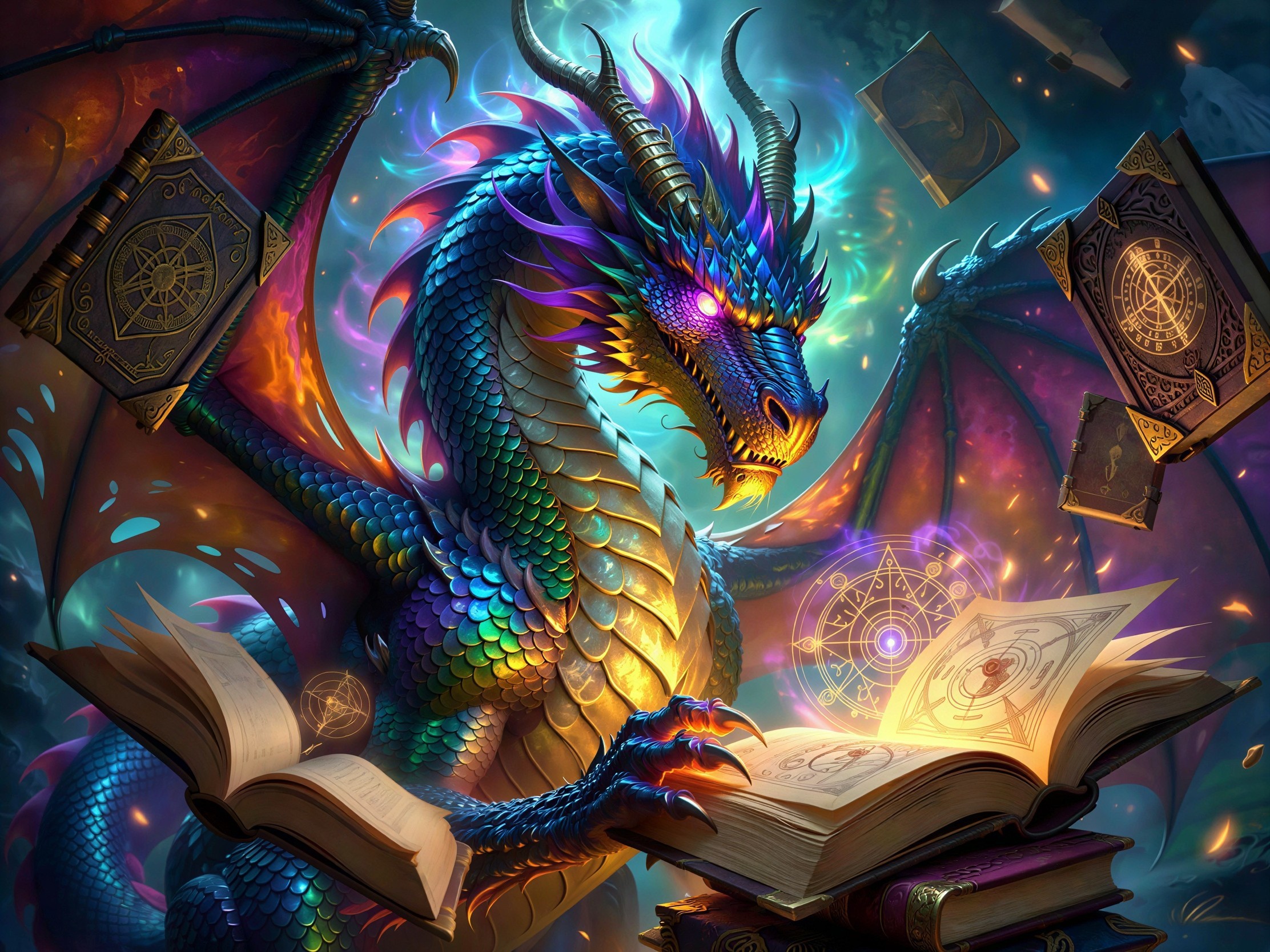 Iridescent Dragon Reading a Magical Book in Mid-Air