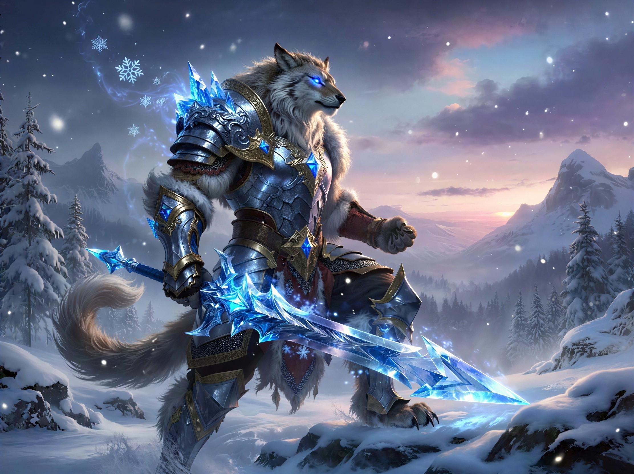 Ice Wolf Warrior in Silver Armor on Snowy Mountain