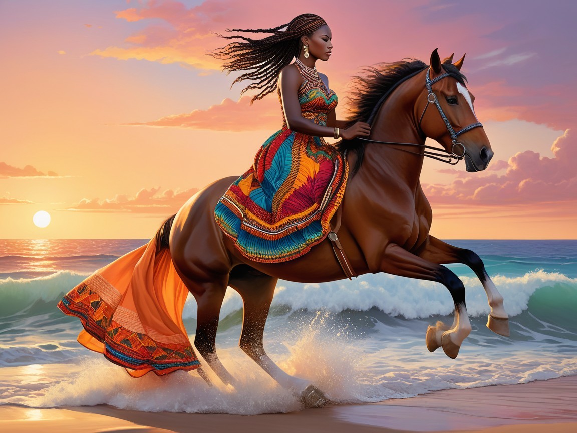 African Woman on Horse at Sunset on Beach