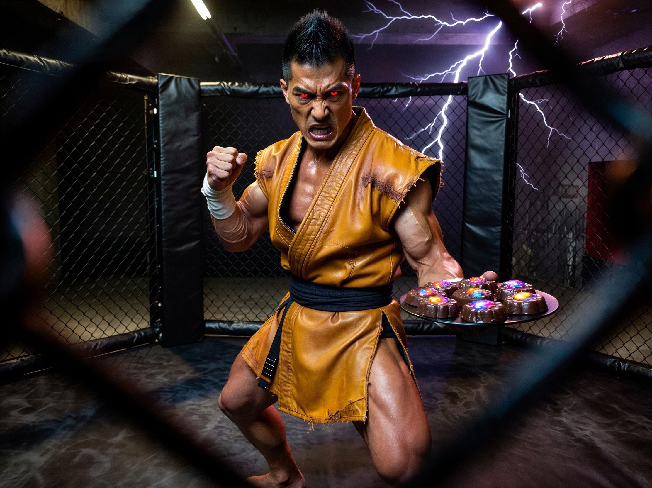Muscular Man in Karate Gi Holding Candies in Octagon