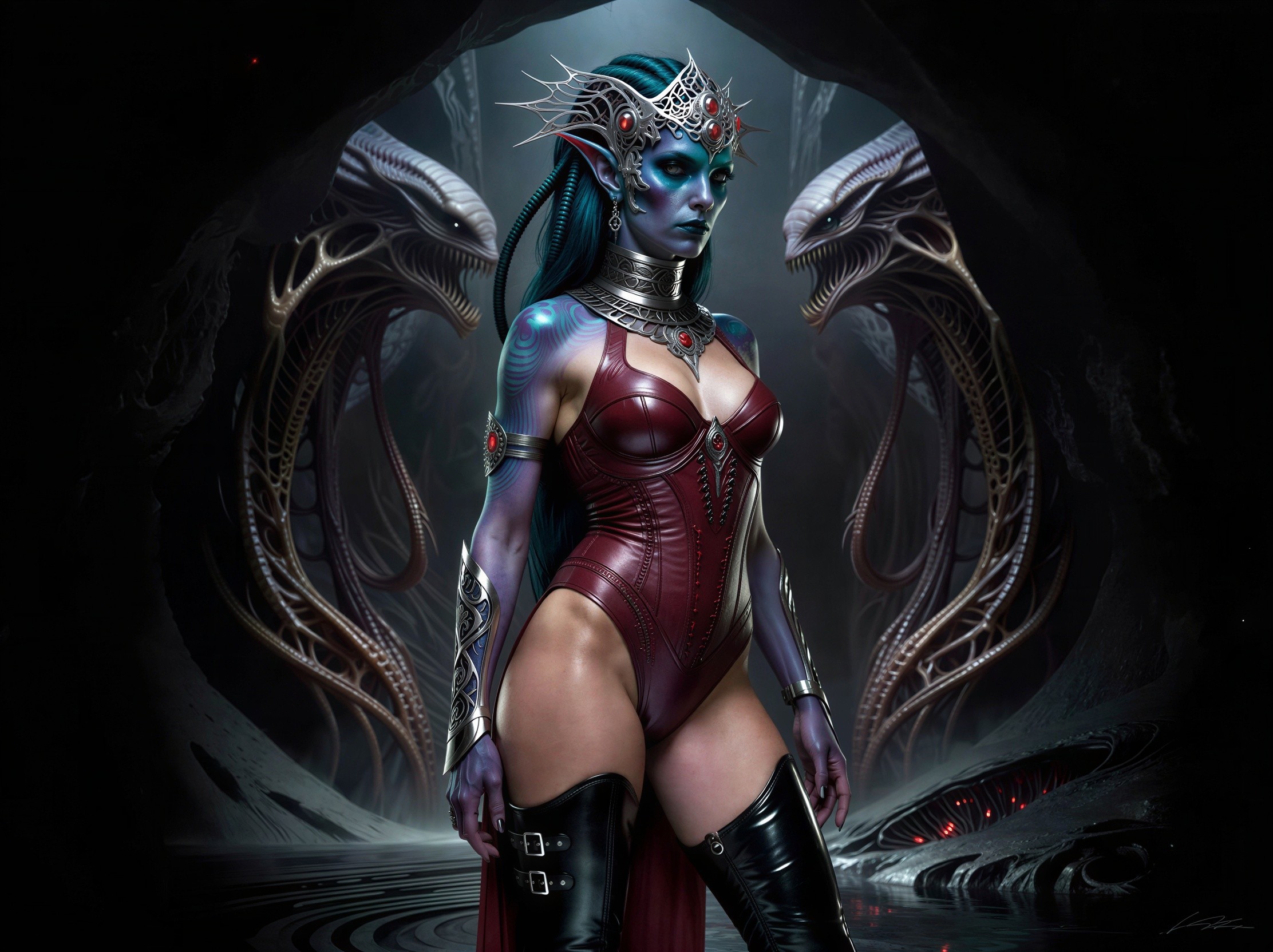 Majestic Female Alien in Dark Cave Setting