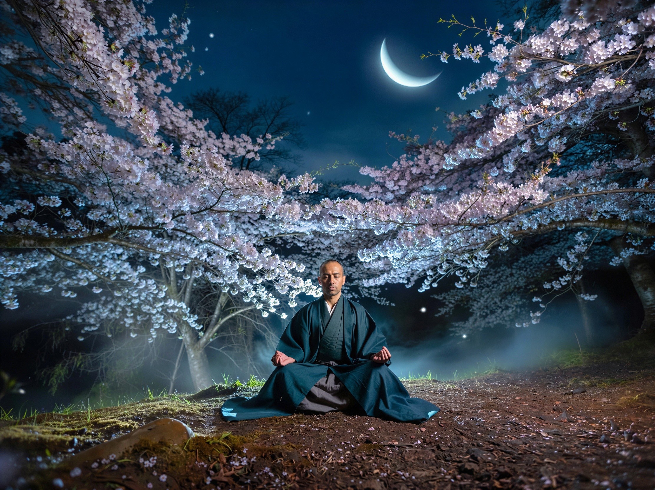 Bald Man Meditating Under Cherry Blossoms at Night