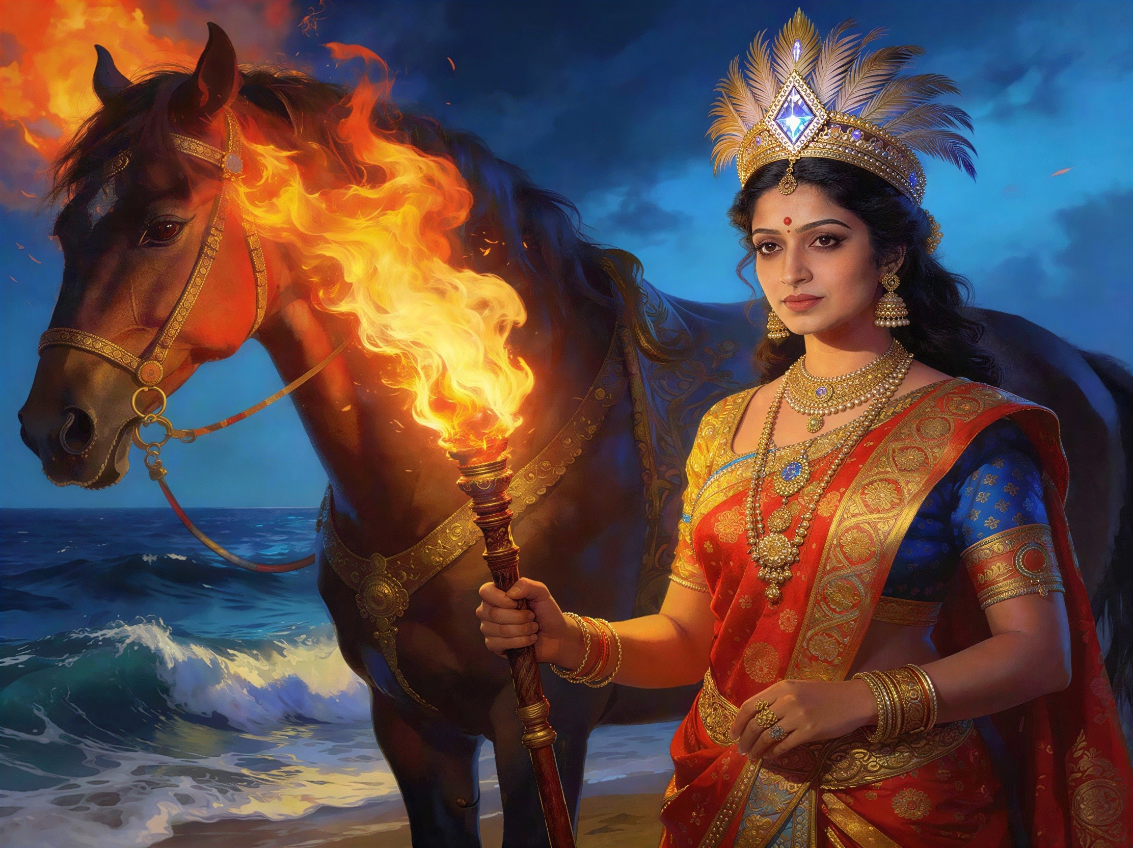 Digital painting of a woman in traditional attire with horse
