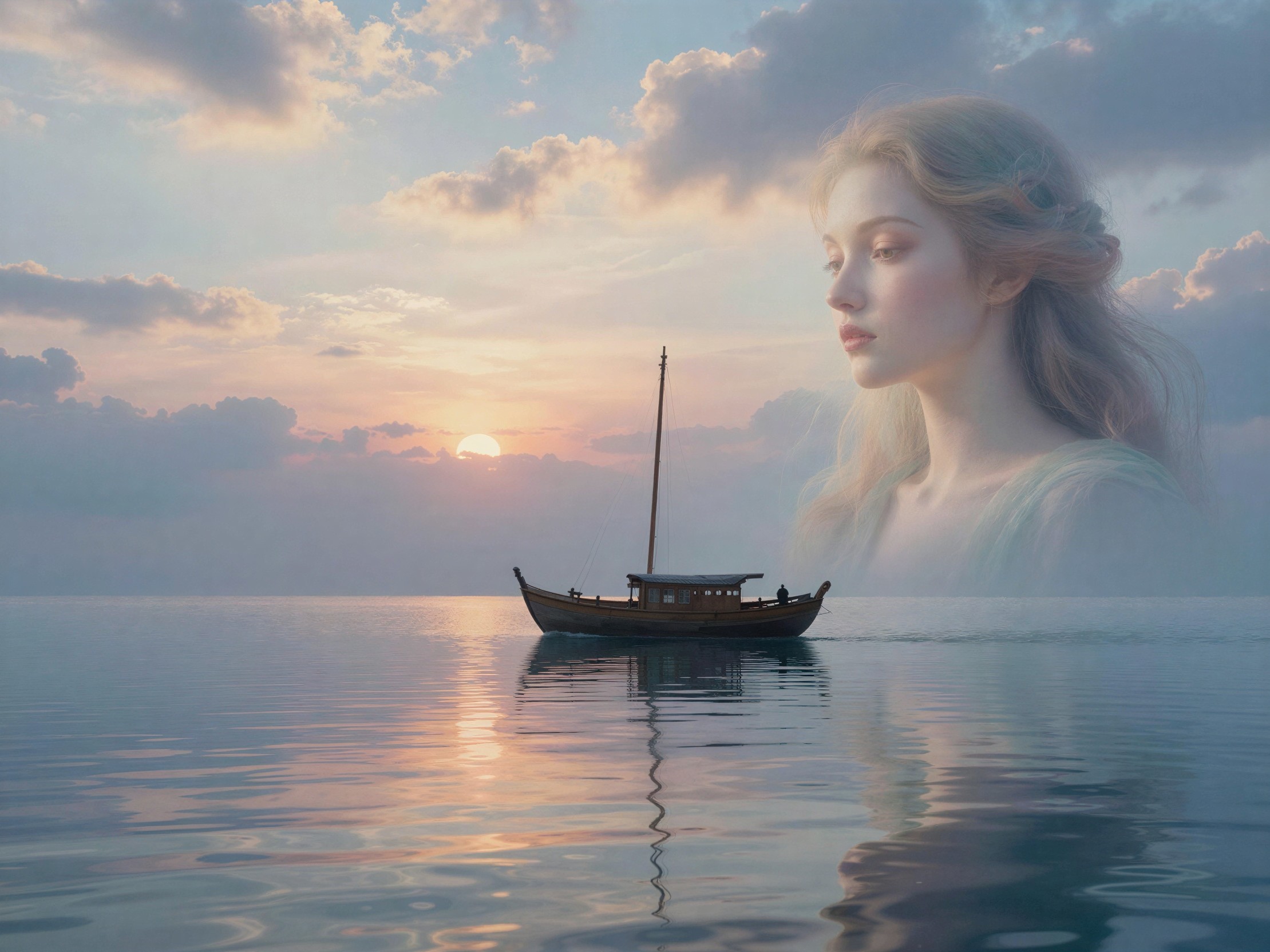 Giant Ethereal Woman Overlooking Sailboat at Sunset
