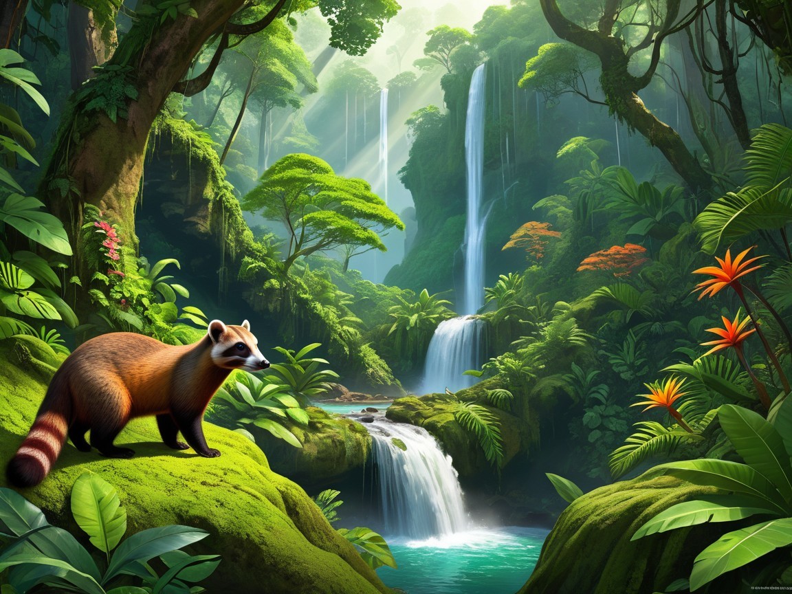 Hyperrealistic Fantasy Jungle Landscape with Raccoon