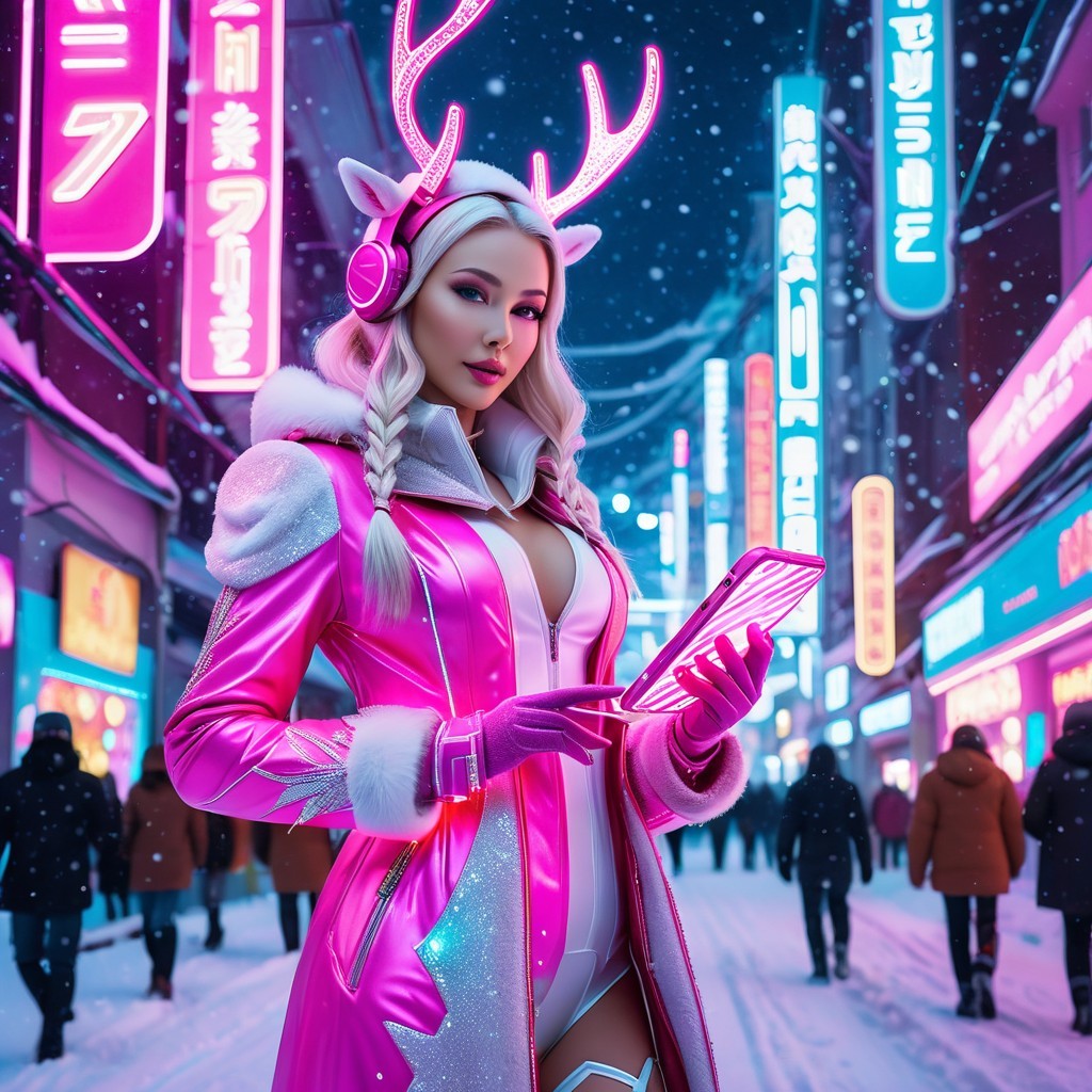 Glamorous Woman in Futuristic City at Night