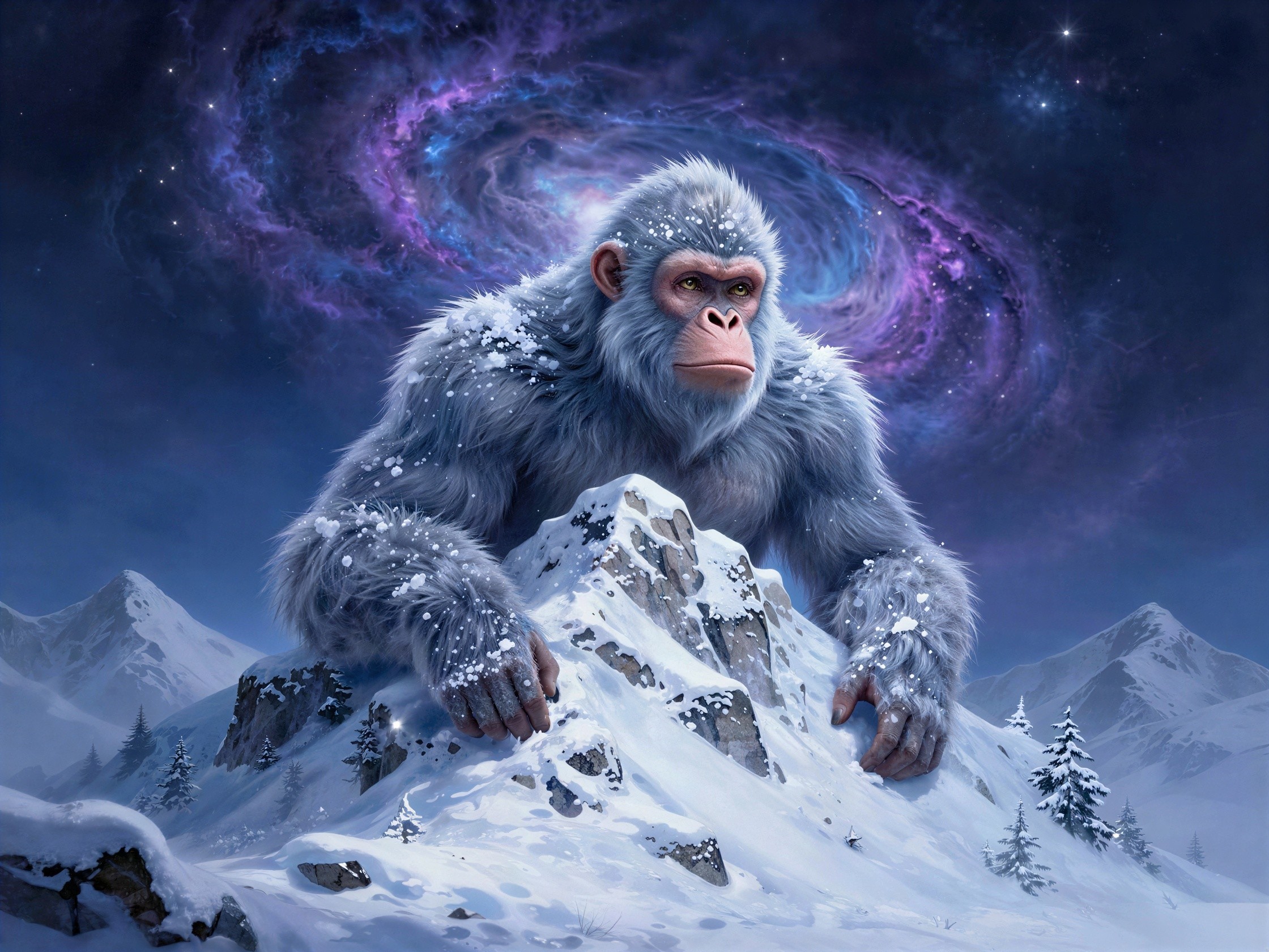 Colossal Yeti Creature on Snowy Mountain Peak