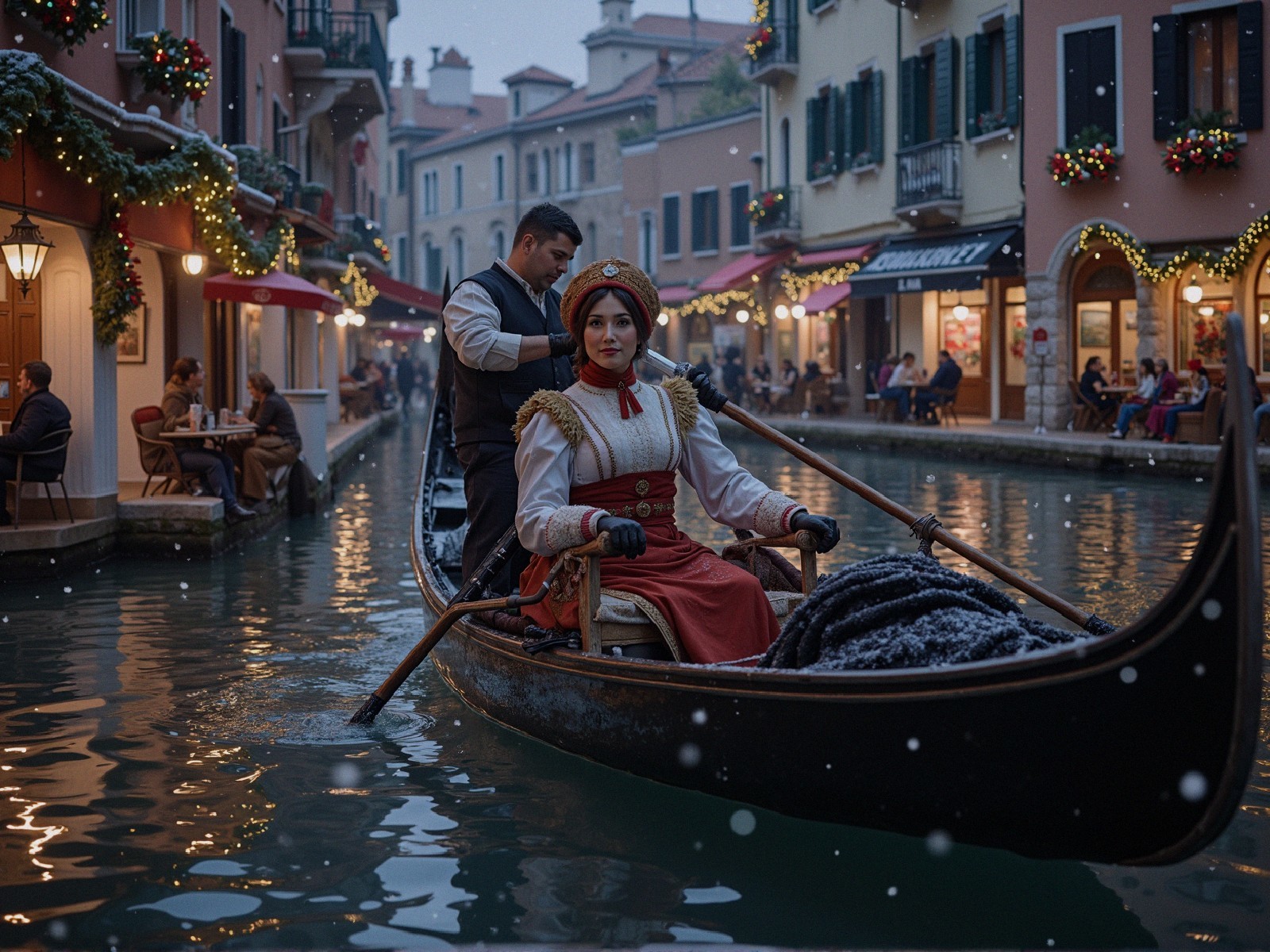 Gondolier in Venice on Snowy Canal with Christmas Lights