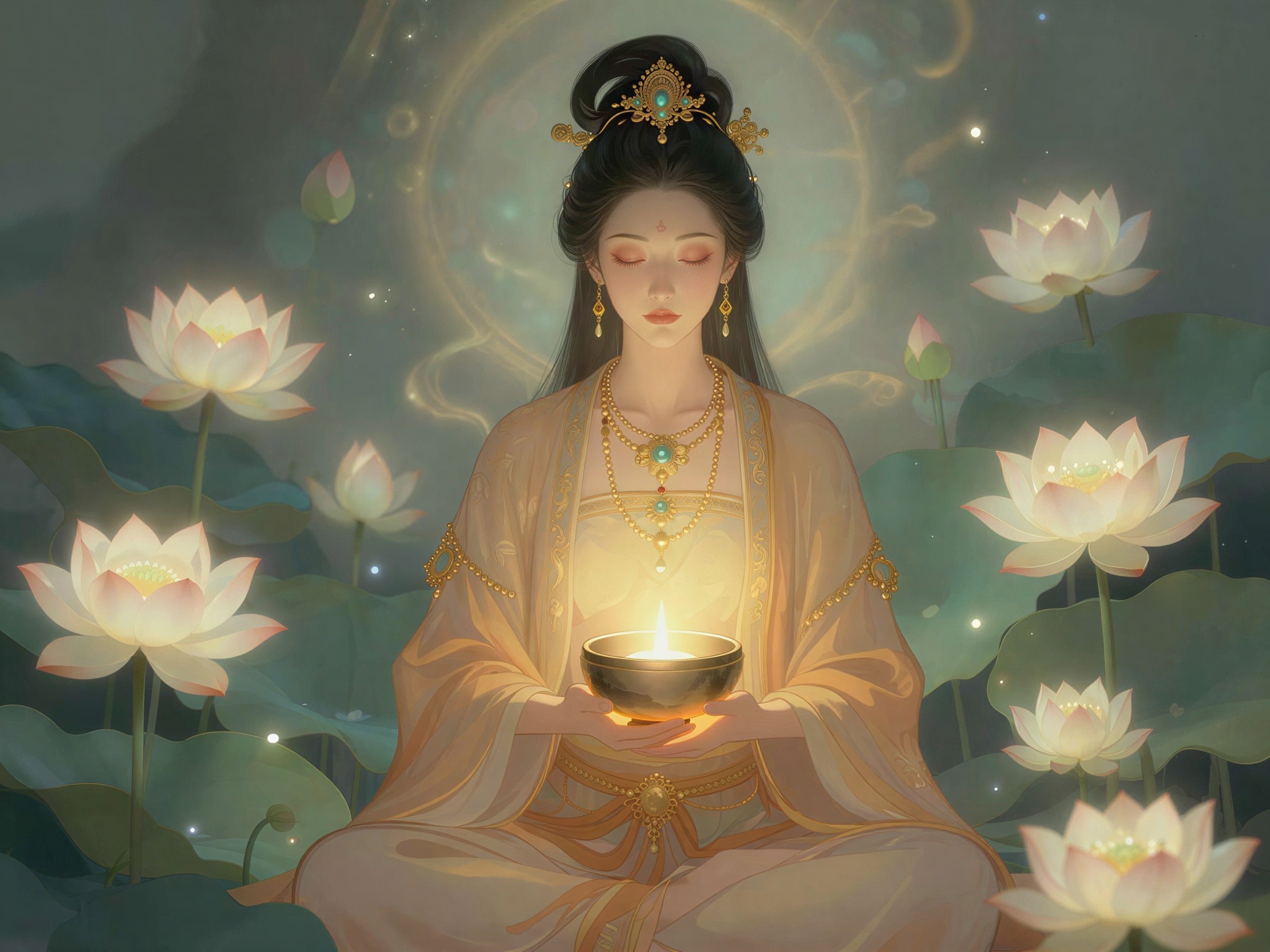 Goddess Illustration in Lotus Pond with Golden Flame