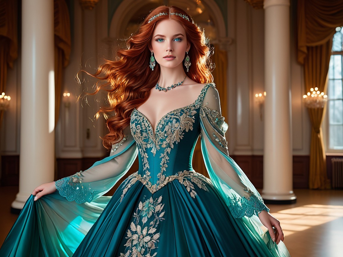 Regal Beauty in an Opulent Ballroom with Teal Gown