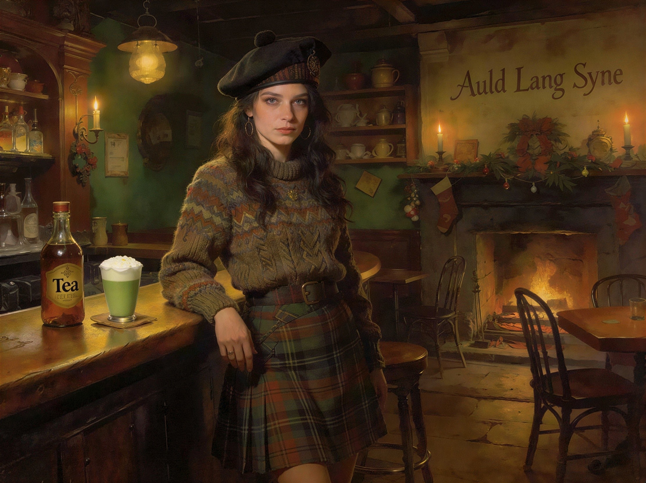 Scottish Woman in Tartan Hat by Rustic Fireplace