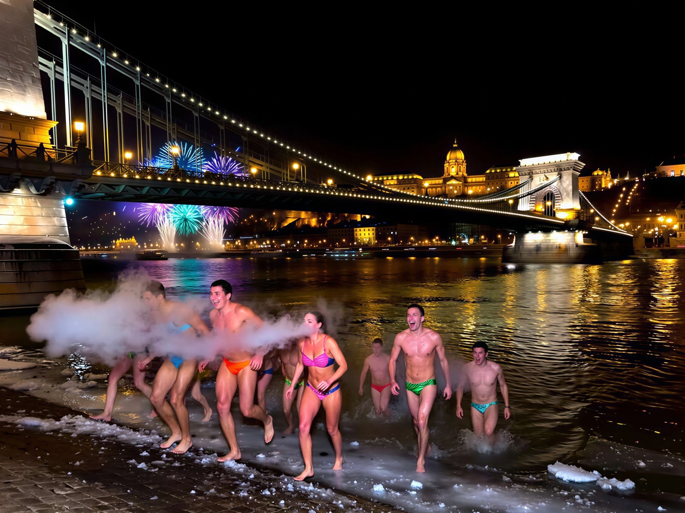 Cold Bathers Exiting Icy Danube River at Night