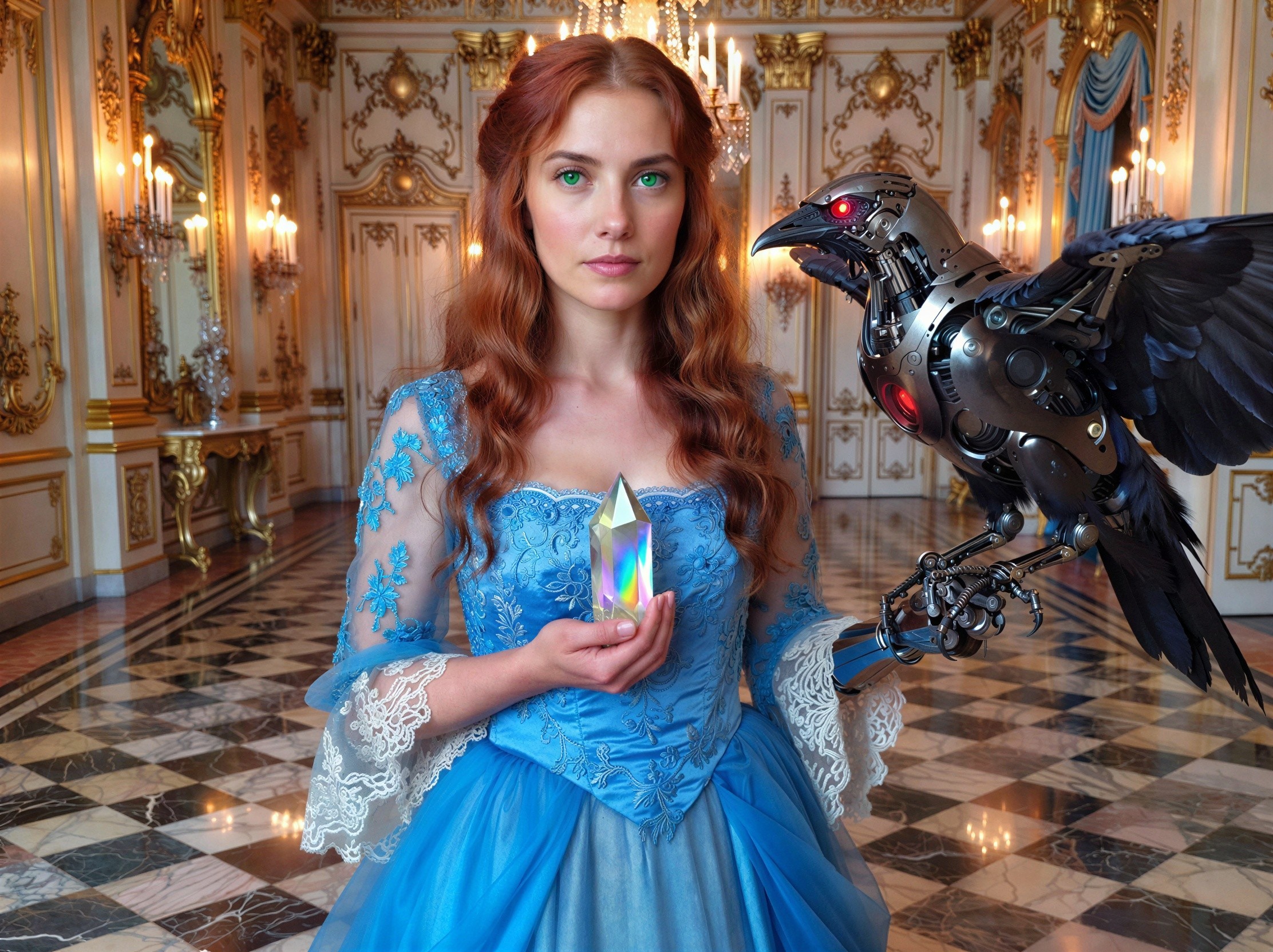 Elegant woman in blue gown in opulent Rococo palace