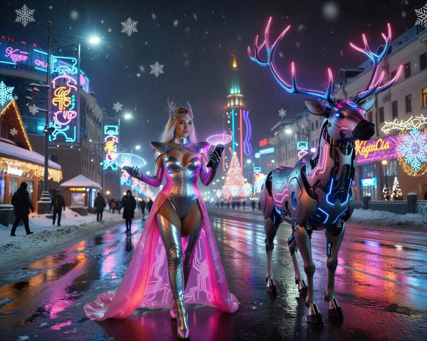 Cyberpunk Goddess in Neon-lit Winter Night Scene