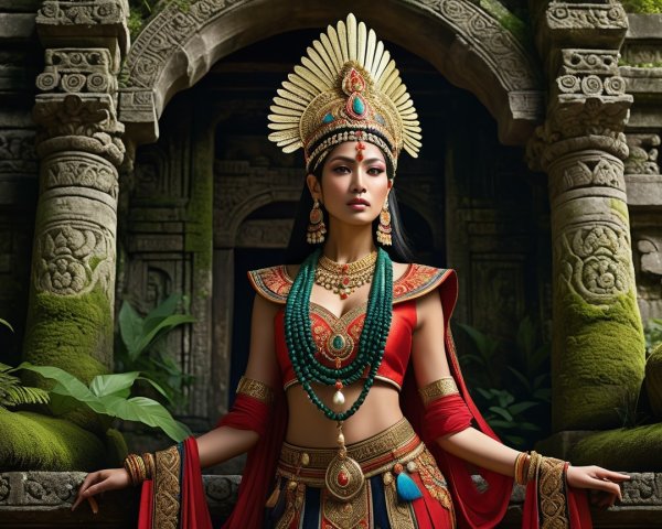Indian Goddess in Traditional Attire by Ancient Temple