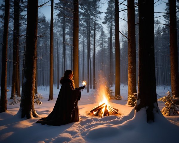 Lone Traveler in Snowy Forest with Bright Light