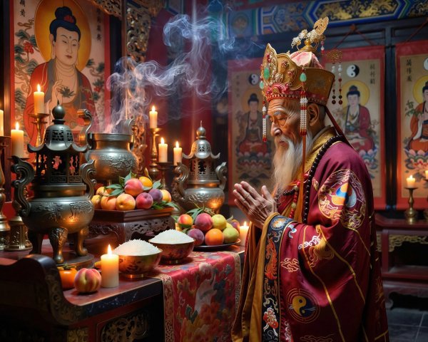 Elderly Monk in Ceremonial Robe Surrounded by Offerings