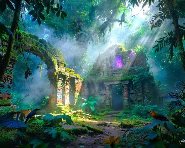 Digital Painting of Ancient Jungle Ruins with Light Effects