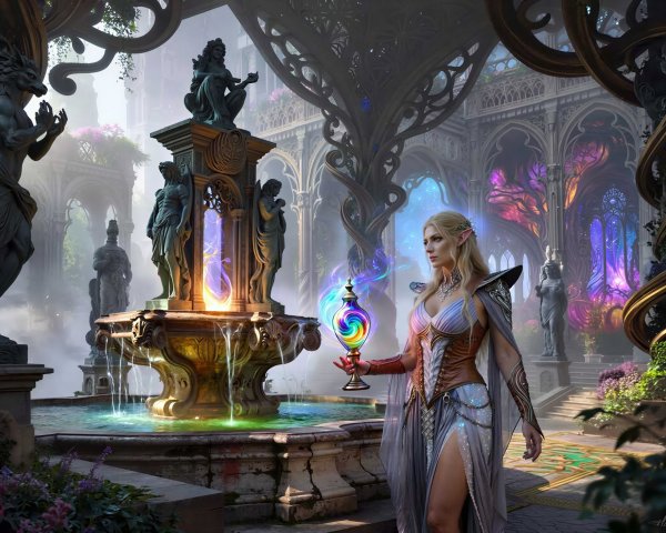 Elf Woman by Ornate Fountain with Colorful Orb