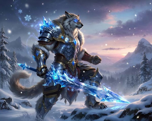 Ice Wolf Warrior in Silver Armor on Snowy Mountain