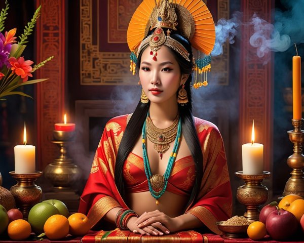 Traditional Asian Woman in Ornate Attire with Fruits
