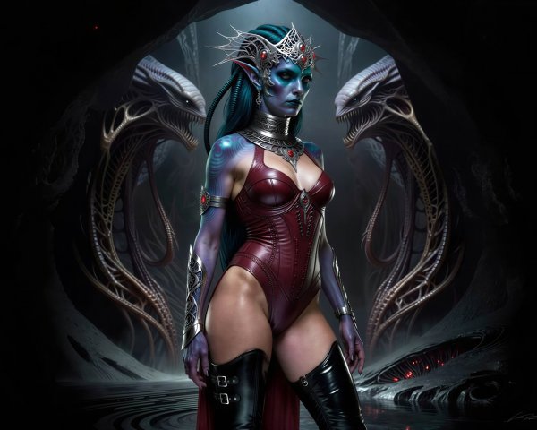 Majestic Female Alien in Dark Cave Setting