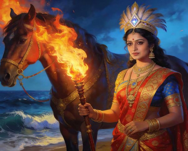Digital painting of a woman in traditional attire with horse