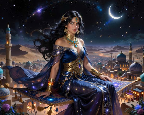 Arabian Princess on Flying Carpet Over Cityscape at Night