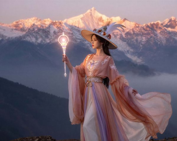 Asian woman in flowing dress with magic staff outdoors