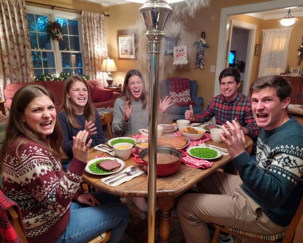 Holiday Feast Portrait with Exaggerated Reactions