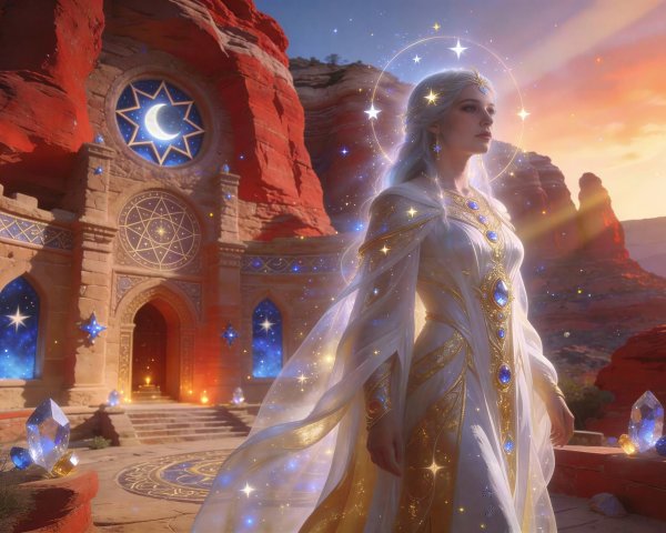 Ethereal Woman Before Mystical Temple at Sunset