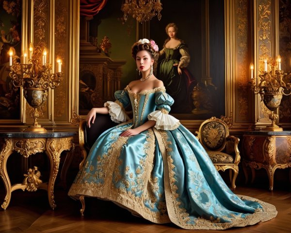 Young Woman in Rococo Attire in Ornate Interior