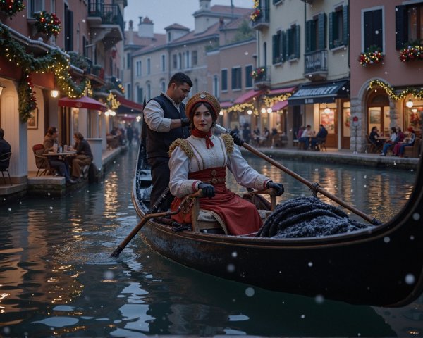 Gondolier in Venice on Snowy Canal with Christmas Lights