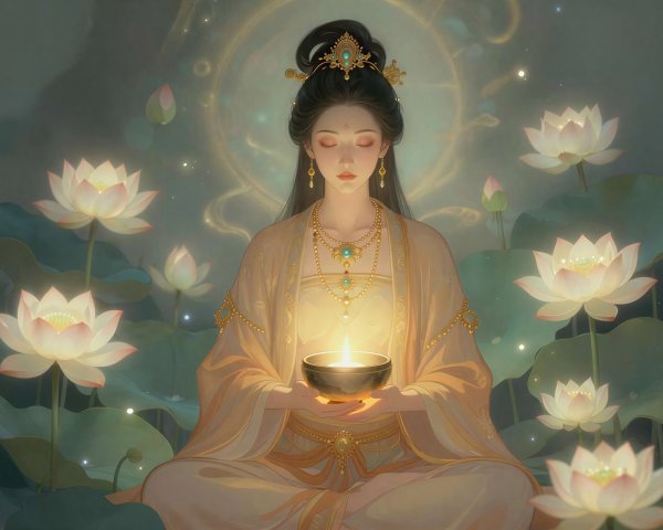 Goddess Illustration in Lotus Pond with Golden Flame