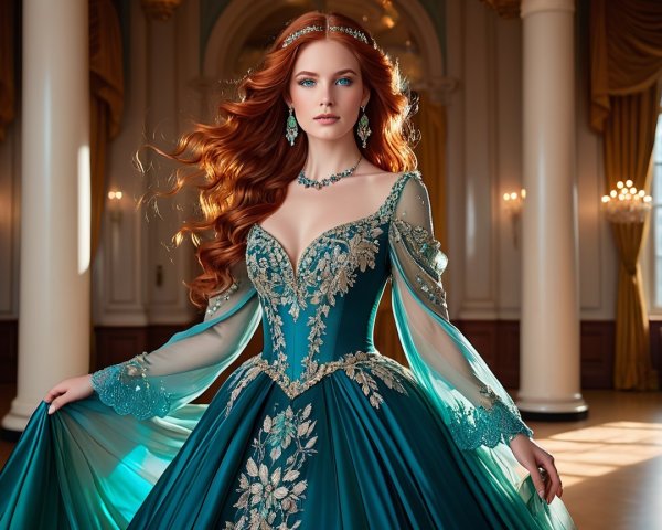 Regal Beauty in an Opulent Ballroom with Teal Gown