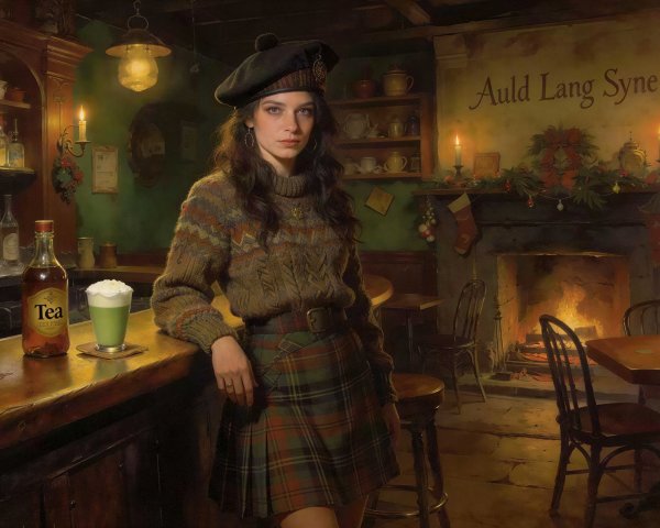 Scottish Woman in Tartan Hat by Rustic Fireplace