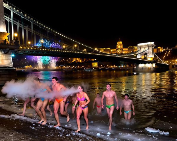 Cold Bathers Exiting Icy Danube River at Night