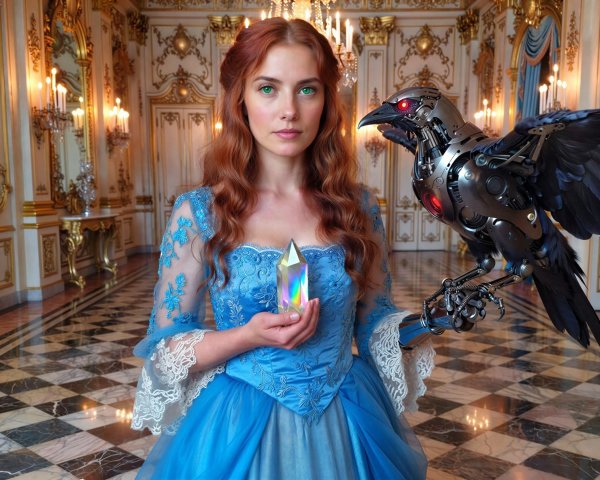 Elegant woman in blue gown in opulent Rococo palace