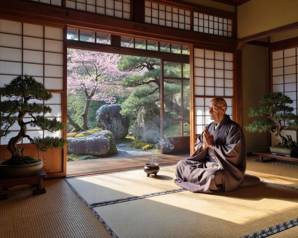 Traditional Japanese House with Garden and Meditation Scene