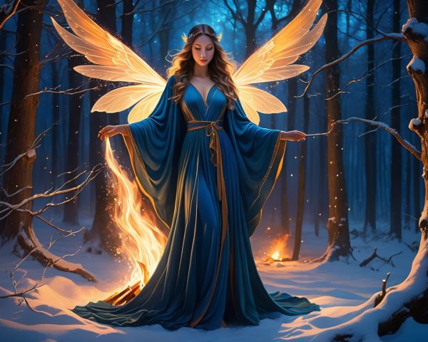 Fairy in Blue-Green Dress Creating Fire in Snowy Forest