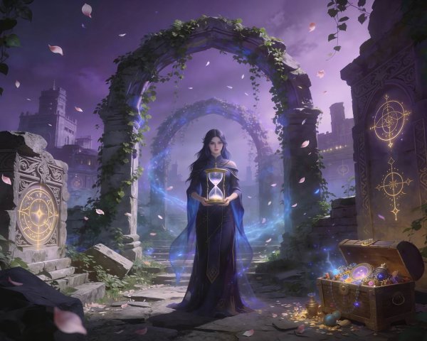 Anime-style woman in gown under magical archways