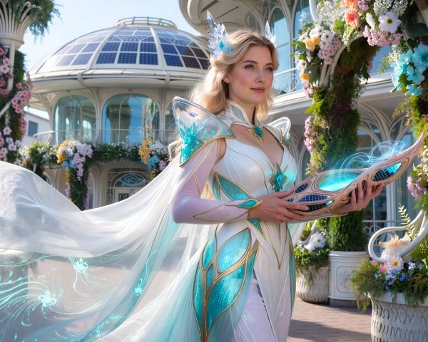 Blonde Woman in White Dress with Futuristic Device