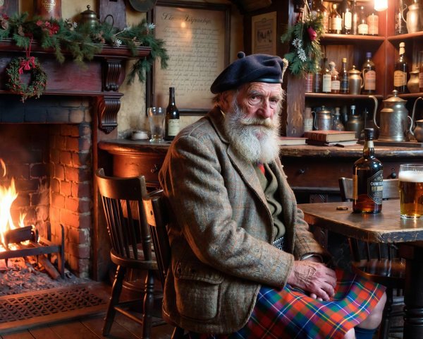 Scottish man in traditional attire at a pub setting