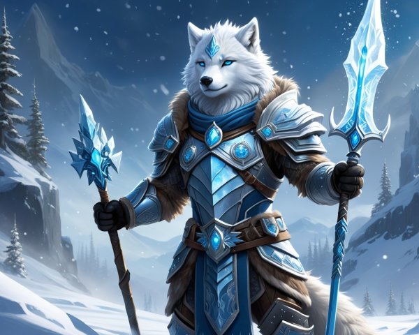 White Anthro Wolf Warrior in Snowy Mountain Scene