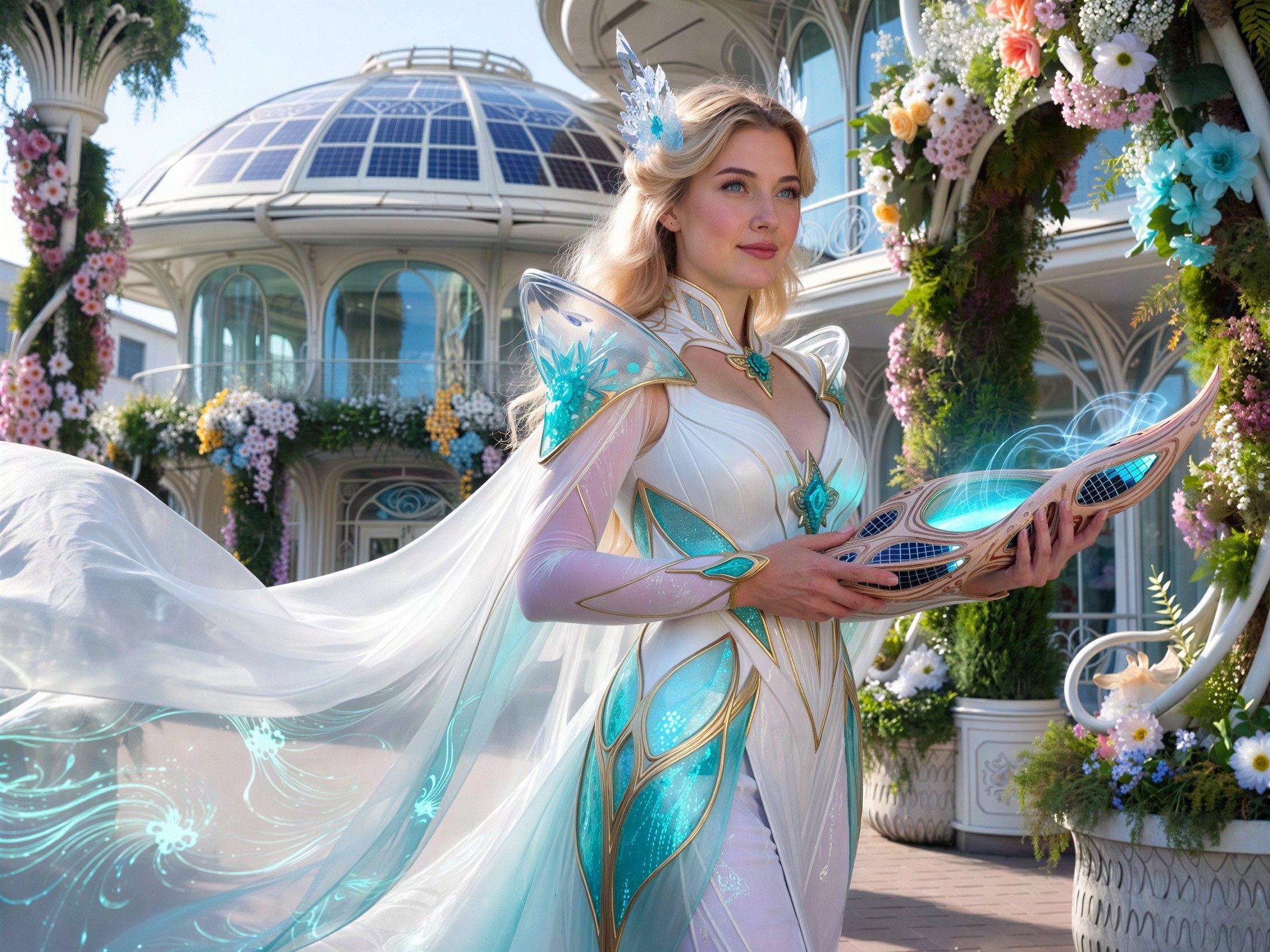 Blonde Woman in White Dress with Futuristic Device