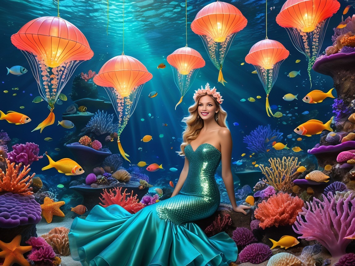 Mermaid in Coral Reef with Colorful Marine Life