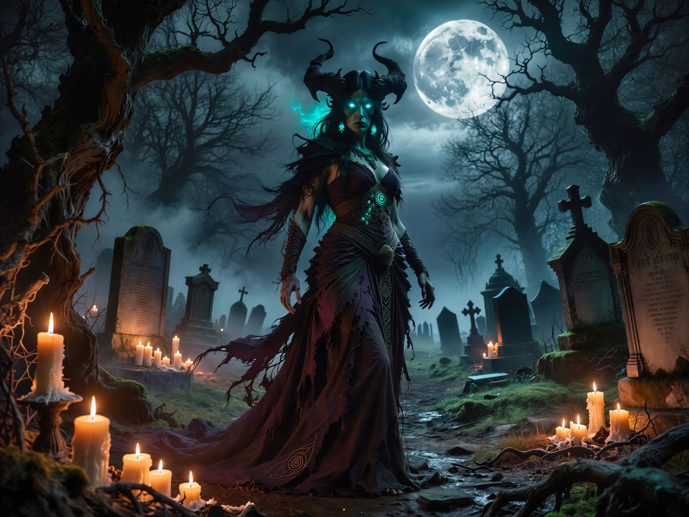 Evil sorceress in a foggy graveyard at night