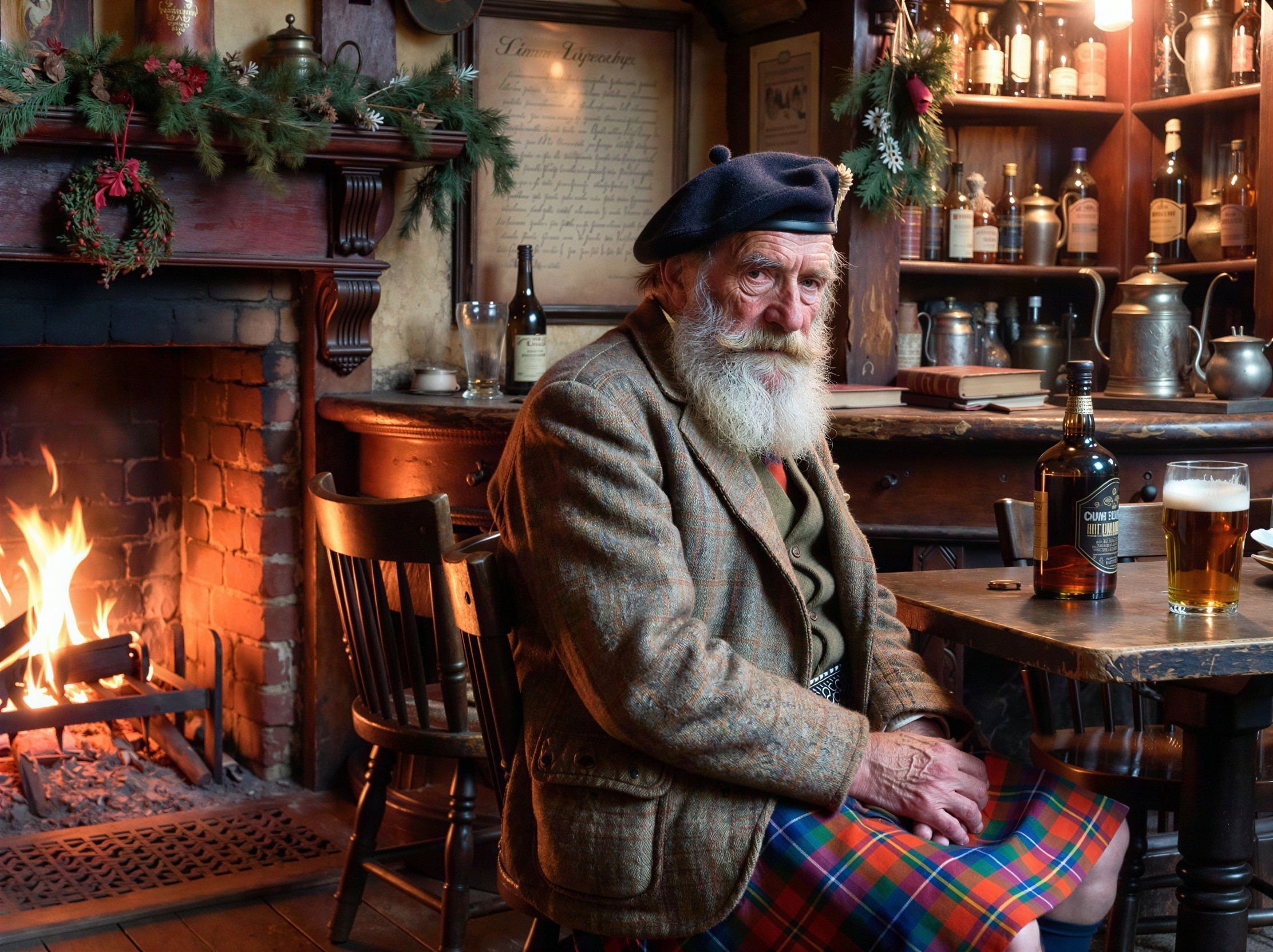 Scottish man in traditional attire at a pub setting