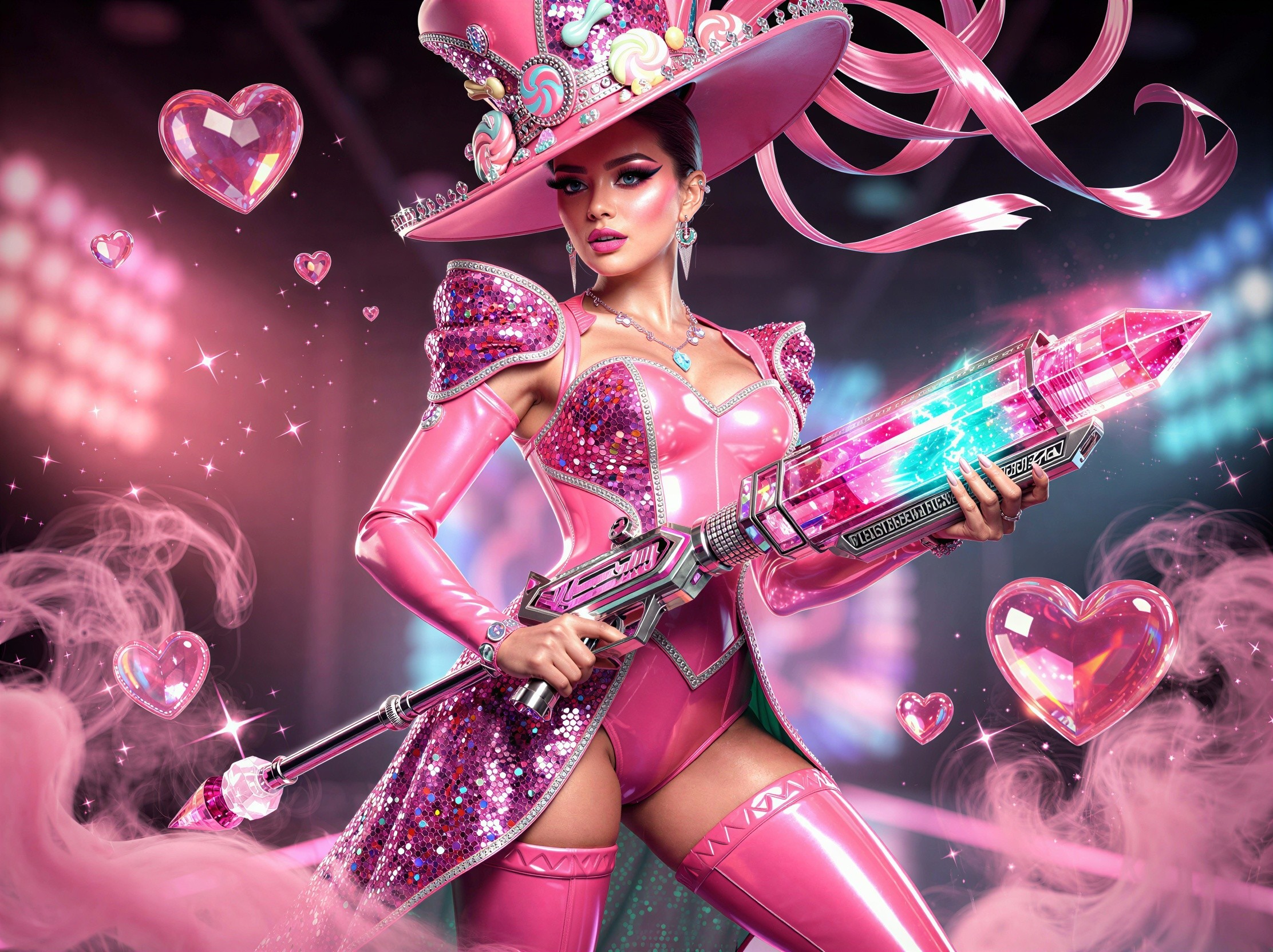Young woman in pink latex outfit with futuristic rifle